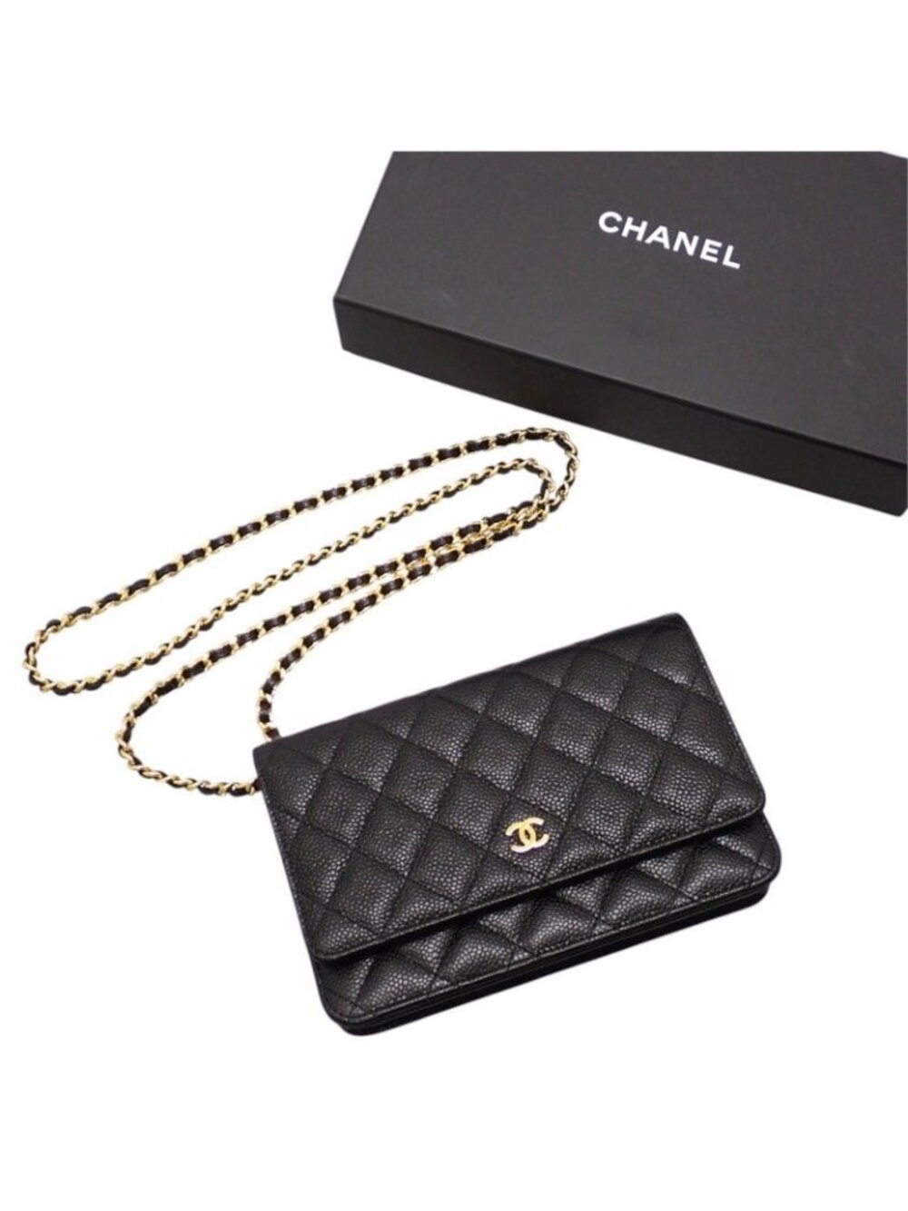 Chanel Classic Chain Wallet Caviar Leather Black Gold Shoulder Bag
